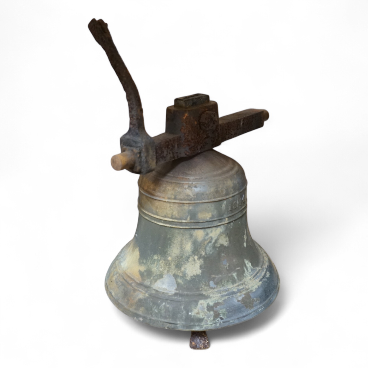 A bronze church bell dated 1844. 28cm high not including fitting., Condition - bell good.